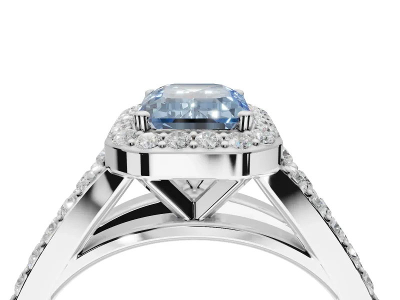 Emerald Cut Halo Pavé Engagement Ring Setting for a Fancy Blue Lab-Grown Diamond | Narrow Split Shank | Sterling Silver