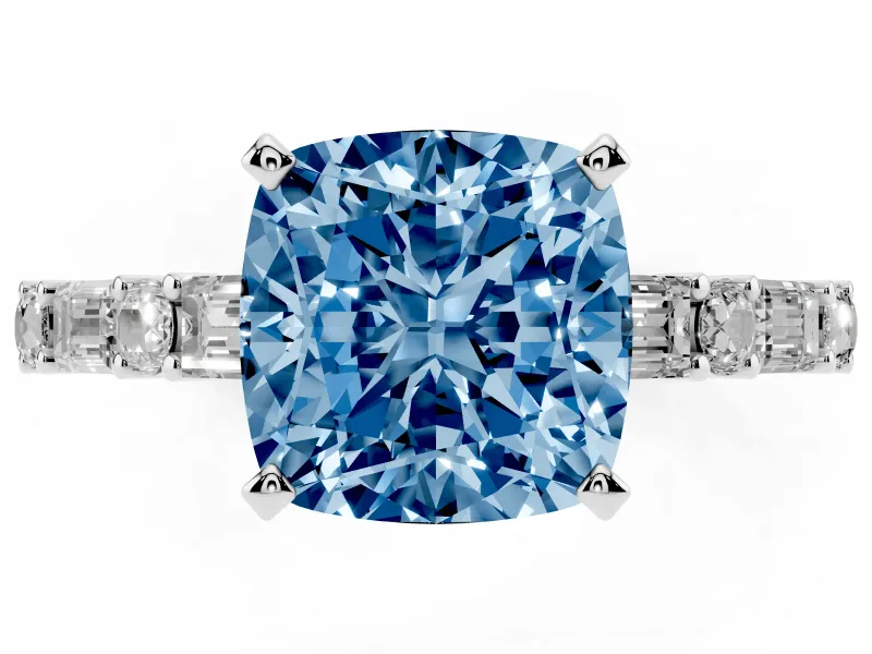 Fancy Blue Cushion Cut Diamond Solitaire Set in Platinum with Side Baguettes and Channel Set Band