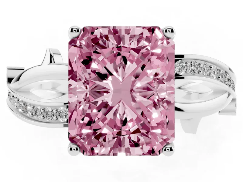 Fancy Pink Radiant Cut Diamond Pavé Twist Band Solitaire Ring Set in White gold with Prong Setting