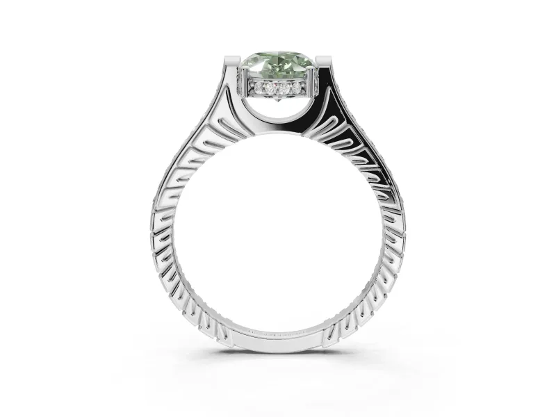 Oval Vintage Cathedral Engagement Ring Setting for a Fancy Green Lab-Grown Diamond | Carved Band | Platinum