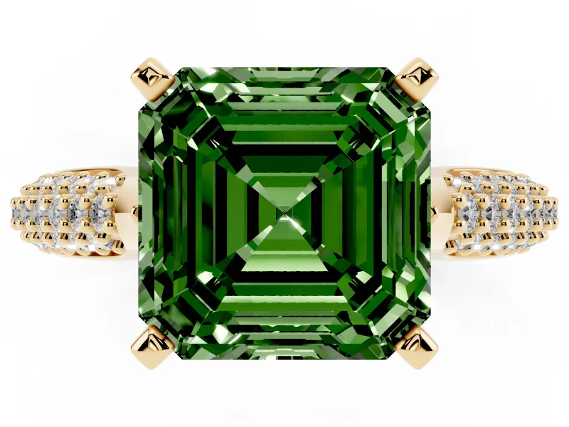 Fancy Green Asscher Cut Diamond Solitaire Engagement Ring Set in Yellow gold with Multi-Row Round Pavé Band and Prong Setting
