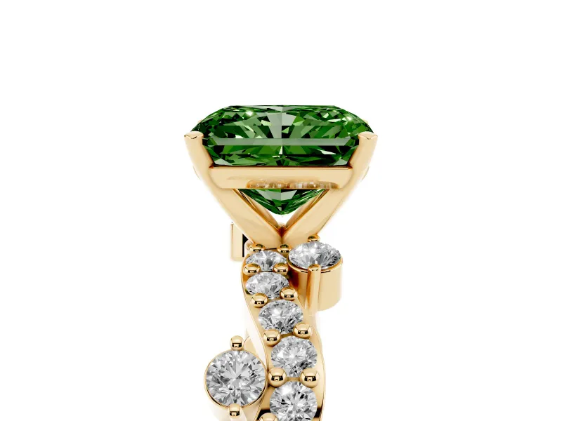 Fancy Green Radiant Cut Diamond Solitaire Twisted Band Set in Yellow gold with Pavé Setting