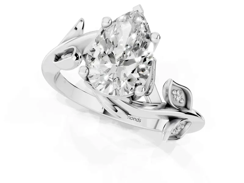 Pear Cut Diamond Solitaire Twist Engagement Ring Set in Silver with Pavé Leaf Accents