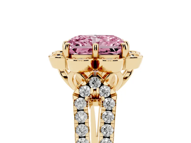 Radiant Cut Floral Halo Engagement Ring Setting for a Fancy Pink Lab-Grown Diamond | Pavé Split Shank | Yellow Gold