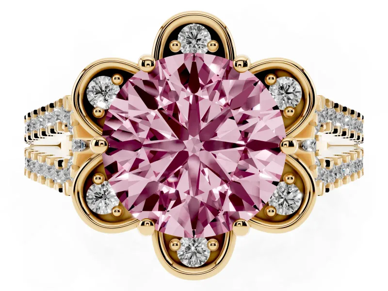 Round Floral Halo Engagement Ring Setting for a Fancy Pink Lab-Grown Diamond | Pavé Split Shank | Yellow Gold