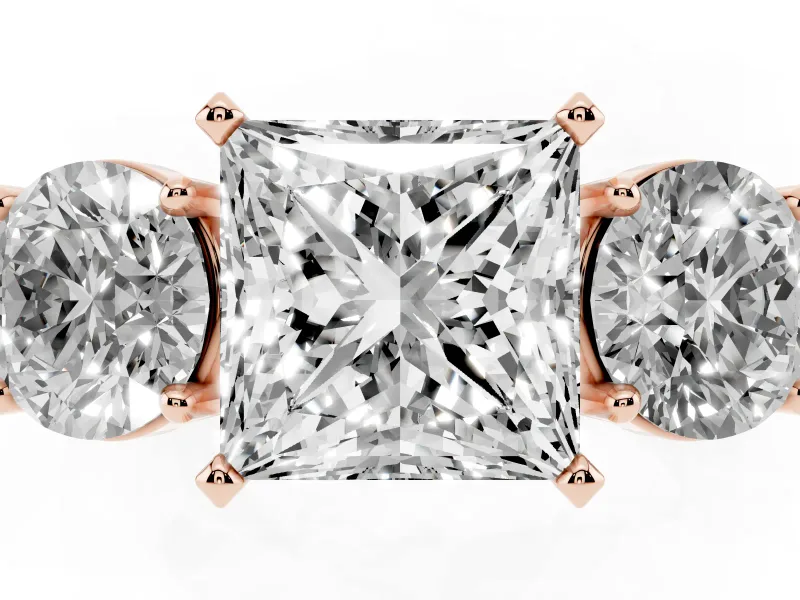 Princess Cut Three Stone Engagement Ring Setting | Wide Plain Band | Rose Gold