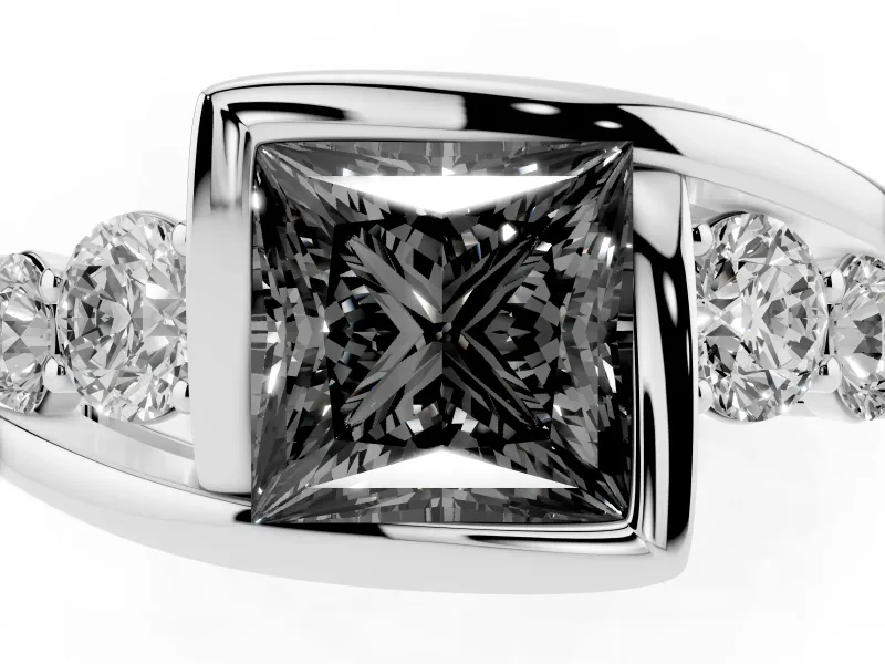 Fancy Black Princess Cut Diamond Bezel Bypass Ring Set in Silver with Round Accents