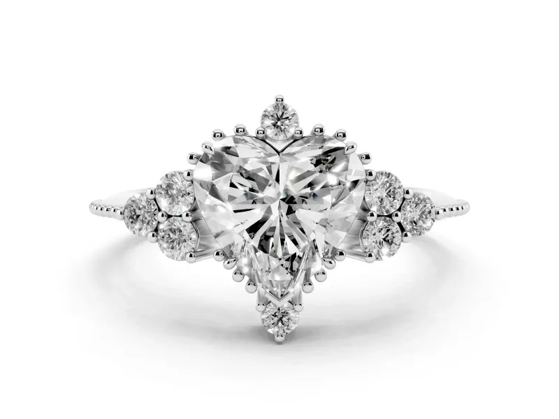 Heart Cut Diamond Cluster Ring Set in Platinum with Beaded Band