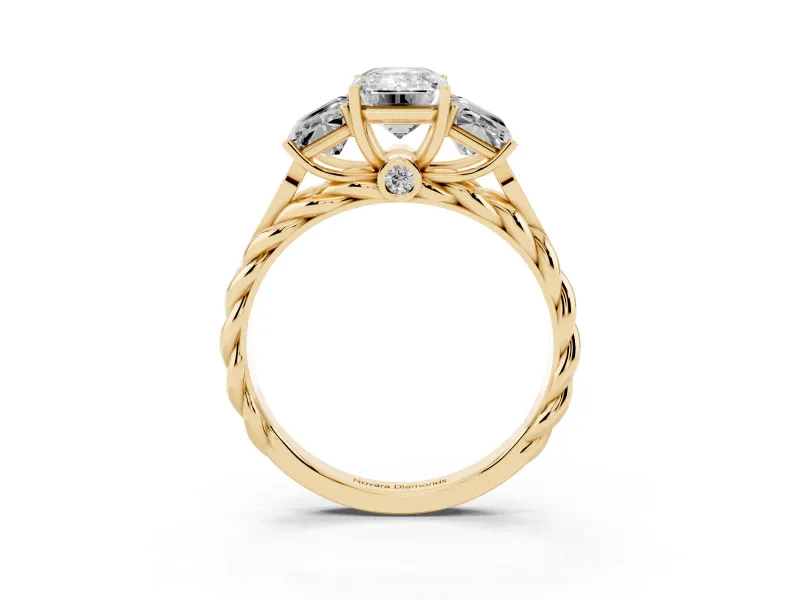 Emerald Cut Diamond Three-Stone Ring Set in Yellow gold with Braided Band