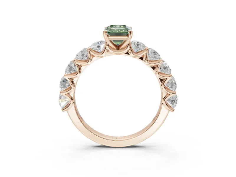 Emerald Cut Side Stone Engagement Ring Setting for a Fancy Green Lab-Grown Diamond | Scalloped Prong Accents | Rose Gold