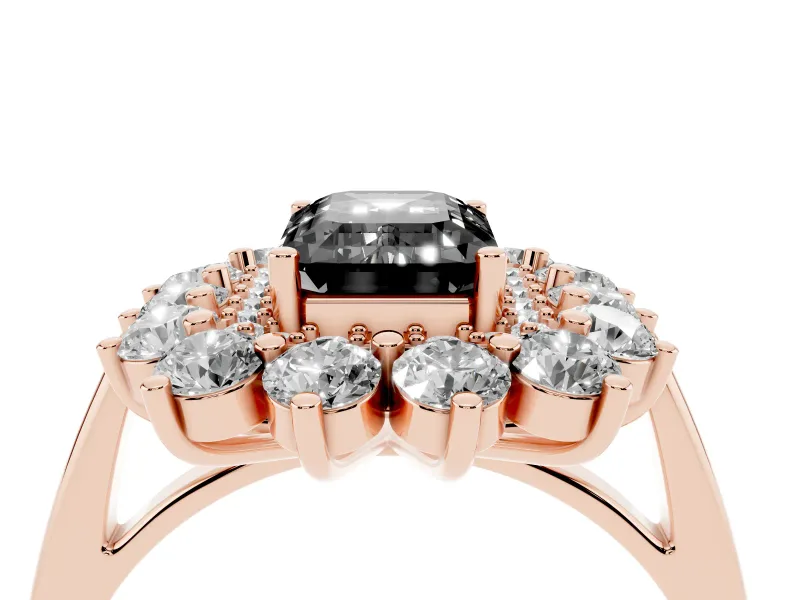 Emerald Cut Floral Double Halo Engagement Ring Setting for a Black Center | Plain Band | Rose Gold