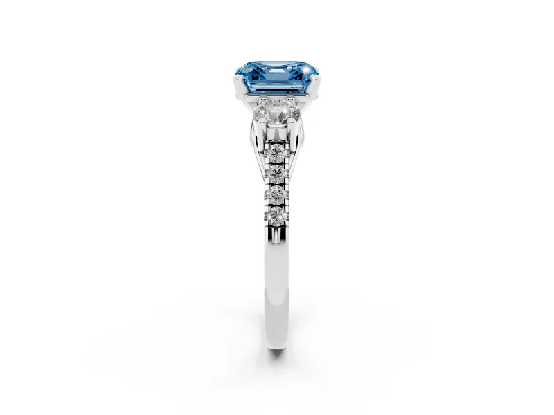 Fancy Blue Three-Stone Asscher Cut Diamond Pavé Band Ring Set in Silver with Prong-Set Trio