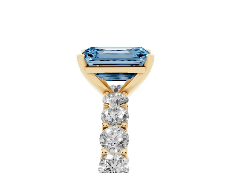 Emerald Cut Shared Prong Engagement Ring Setting for a Fancy Blue Lab-Grown Diamond | Yellow Gold