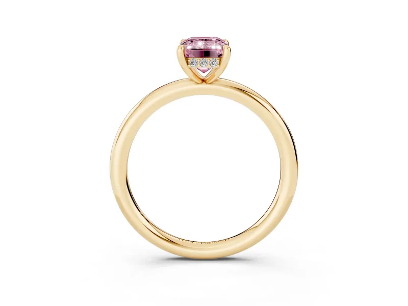 Fancy Pink Emerald Cut Diamond Solitaire Ring Set in Yellow gold with Thin Band and Prong Setting