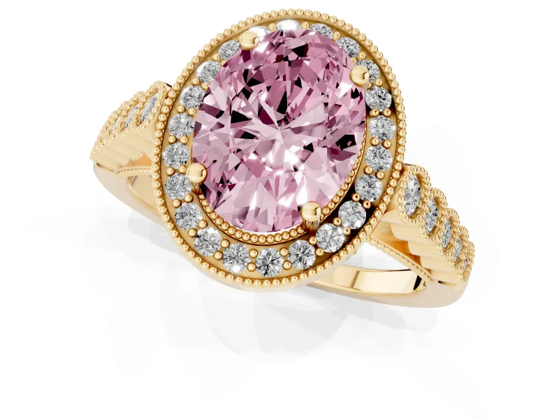 Oval Milgrain Halo Engagement Ring Setting for a Fancy Pink Lab-Grown Diamond | Graduated Bezel Accents | Yellow Gold
