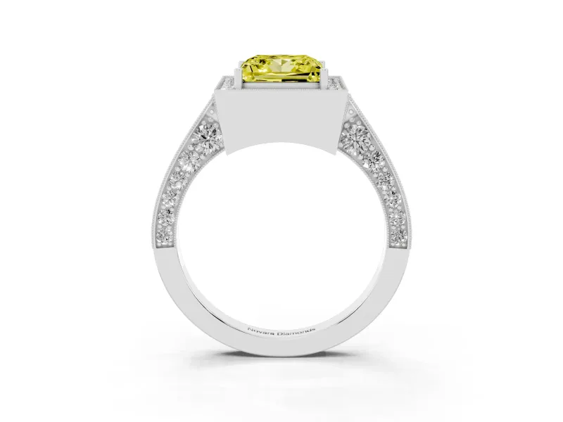 Princess Cut Milgrain Halo Engagement Ring Setting for a Fancy Yellow Lab-Grown Diamond | Side Stones | Sterling Silver
