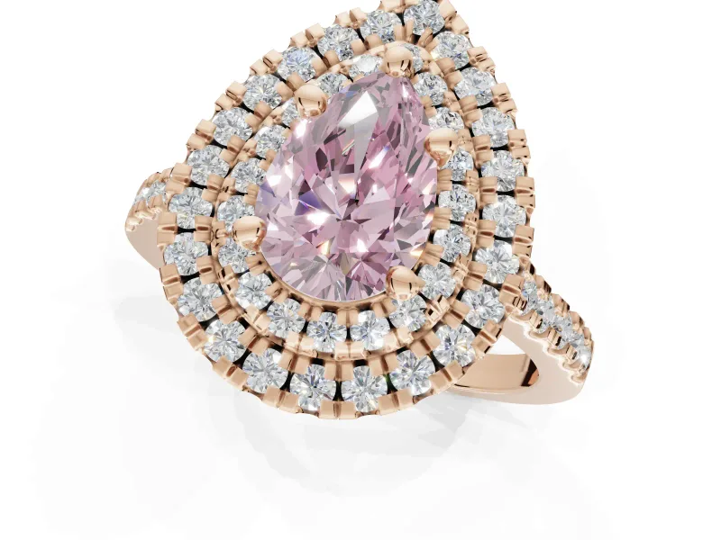 Fancy Pink Pear-Shaped Lab-Grown Diamond Double Halo Statement Ring Set in Rose Gold with Pavé Band