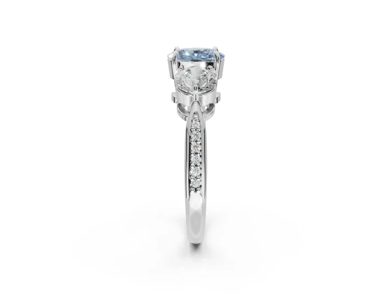 Cushion Cut Three Stone Engagement Ring Setting for a Fancy Blue Lab-Grown Diamond | Tapered Pave Band | White Gold