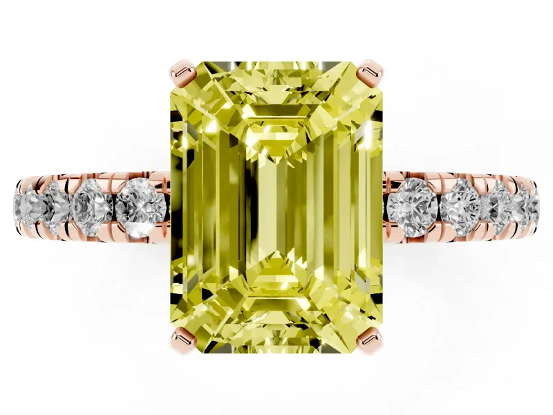Fancy Yellow Emerald Cut Diamond Pavé Solitaire Ring Set in Rose gold with Round Band and Prong Setting