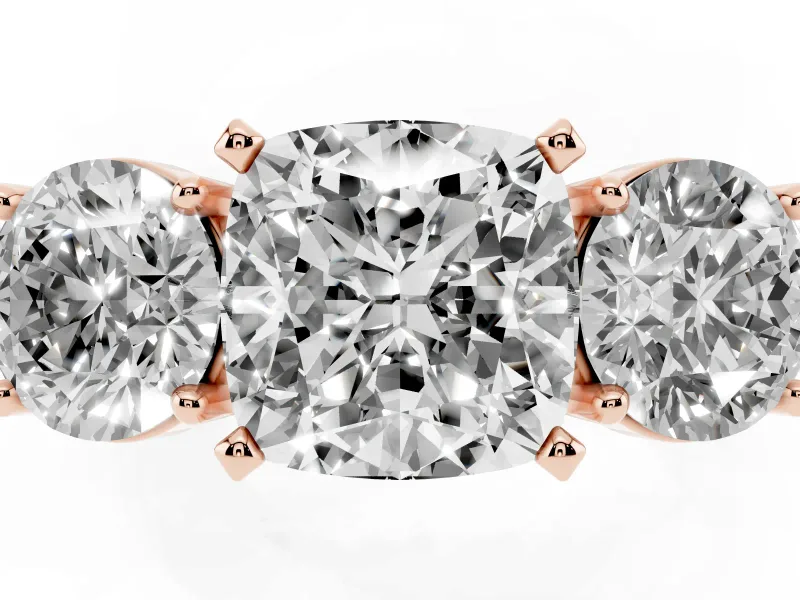 Cushion Cut Three Stone Engagement Ring Setting | Wide Plain Band | Rose Gold