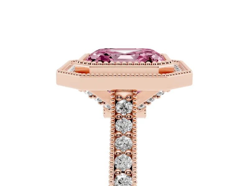 Asscher Cut Vintage Milgrain Halo Engagement Ring Setting for a Fancy Pink Lab-Grown Diamond | Bezel Head | Rose Gold