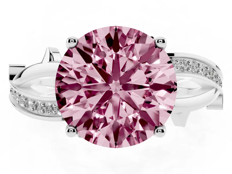 Fancy Pink Round Cut Diamond Pavé Twist Band Solitaire Ring Set in Silver with Prong Setting