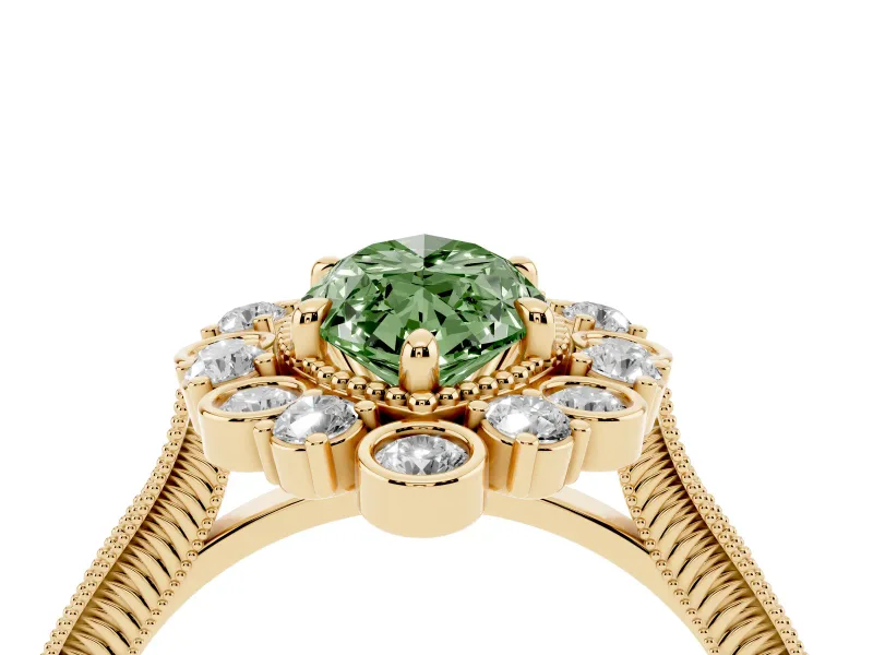 Marquise Scalloped Halo Engagement Ring Setting for a Fancy Green Lab-Grown Diamond | Milgrain Edges | Yellow Gold