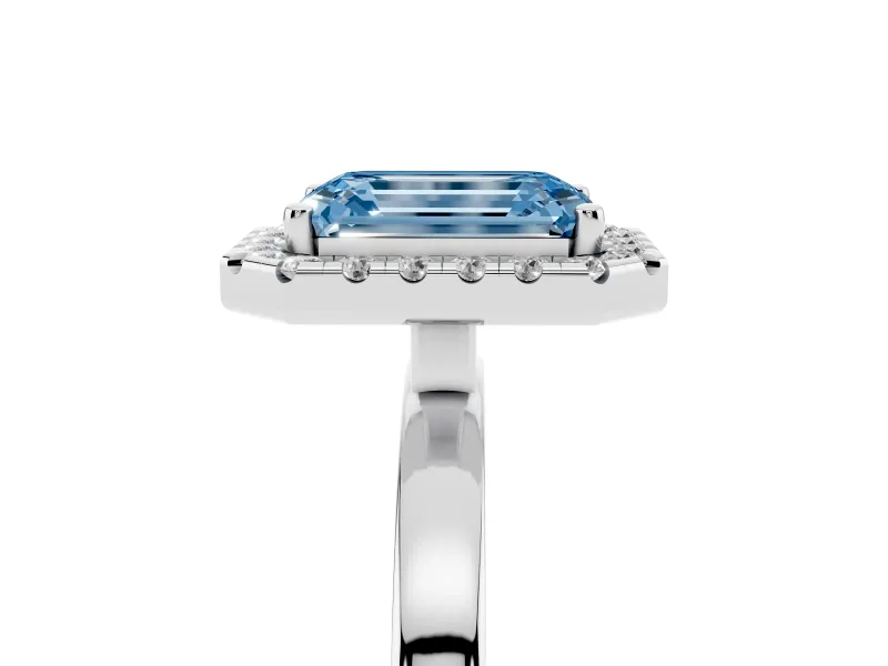 Fancy Blue Emerald Cut Diamond Halo Solitaire Ring Set in Silver with Pavé Band and Prong Setting