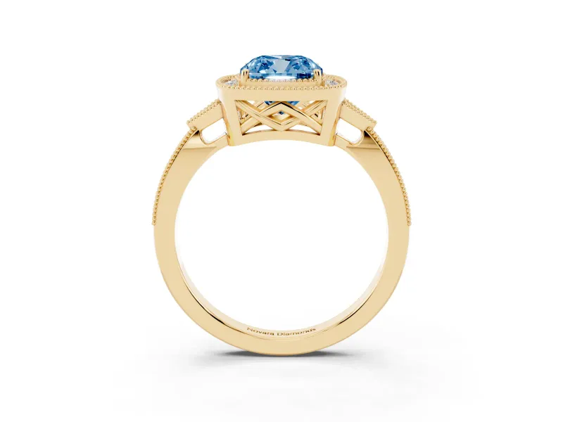 Fancy Blue Cushion Cut Diamond Halo Engagement Ring Set in Yellow gold with Milgrain Pavé Band