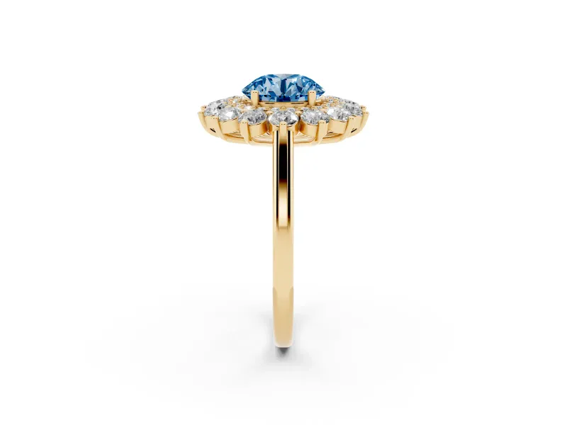 Round Floral Double Halo Engagement Ring Setting for a Fancy Blue Lab-Grown Diamond | Plain Band | Yellow Gold