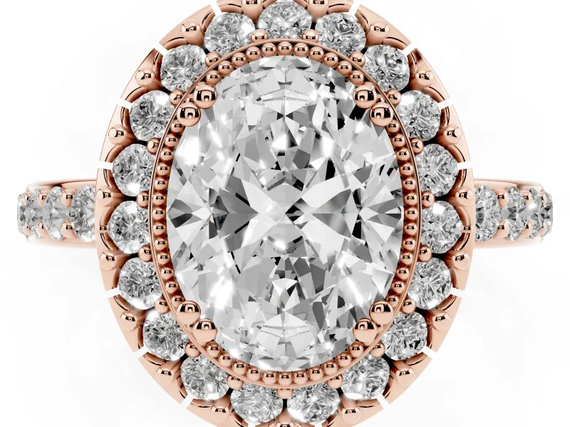 Oval Cut Diamond Halo Ring Set in Rose gold with Pavé Shank and Prong Setting