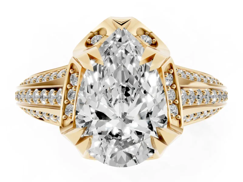 Pear Cut Diamond Pavé Split Shank Solitaire Ring Set in Yellow gold with Prong Setting