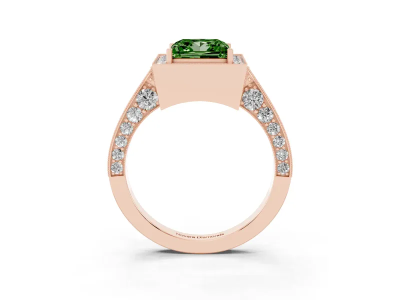 Princess Cut Milgrain Halo Engagement Ring Setting for a Fancy Green Lab-Grown Diamond | Side Stones | Rose Gold