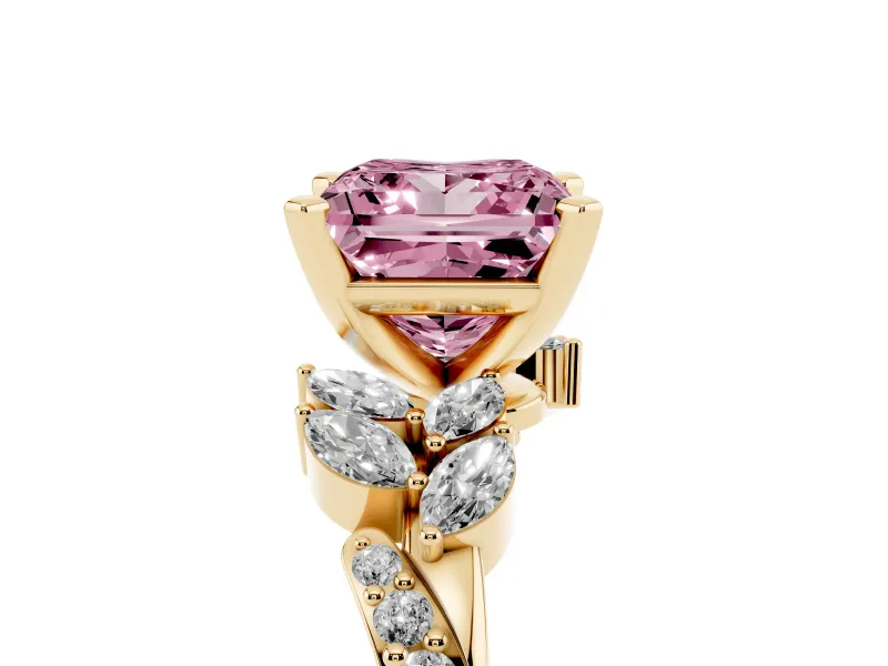Princess Cut Floral Engagement Ring Setting for a Fancy Pink Lab-Grown Diamond | Marquise Side Stones | Yellow Gold