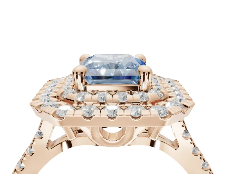Fancy Blue Radiant Cut Lab-Grown Diamond Double Halo Statement Ring Set in Rose Gold with Pavé Band