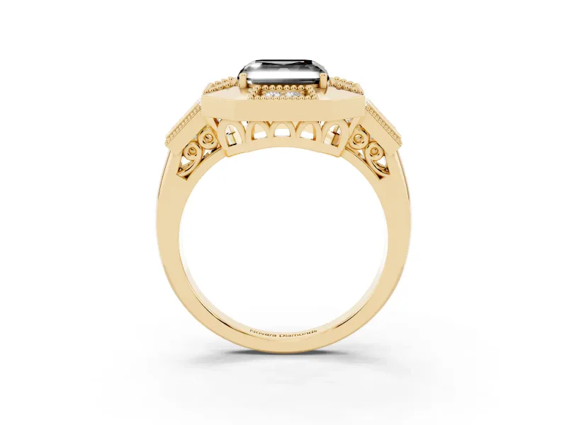 Fancy Black Asscher Cut Diamond Milgrain Halo Ring Set in Yellow gold with Split Shank