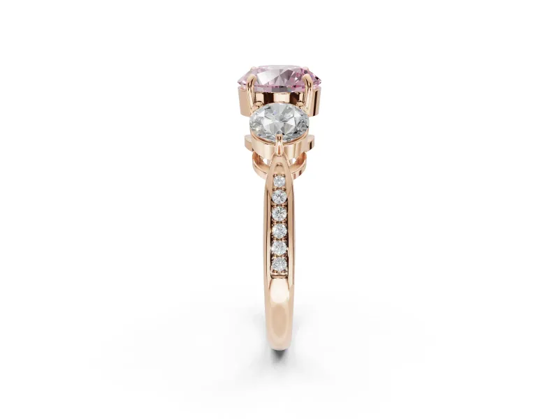 Round Three Stone Engagement Ring Setting for a Fancy Pink Lab-Grown Diamond | Tapered Pave Band | Rose Gold