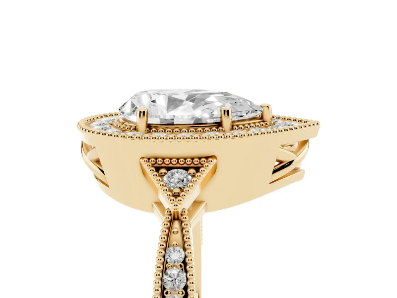 Pear Cut Diamond Halo Engagement Ring Set in Yellow gold with Milgrain Pavé Band