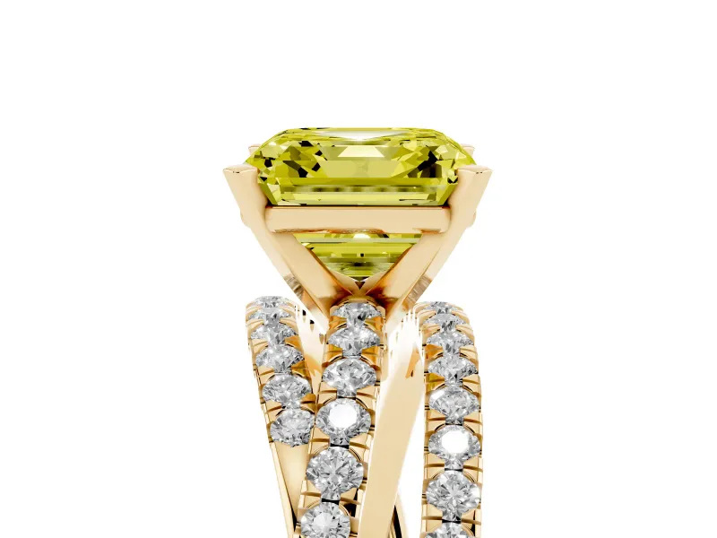 Fancy Yellow Asscher Cut Diamond Solitaire Twist Band Ring Set in Yellow gold with Pavé Setting and Prong Head