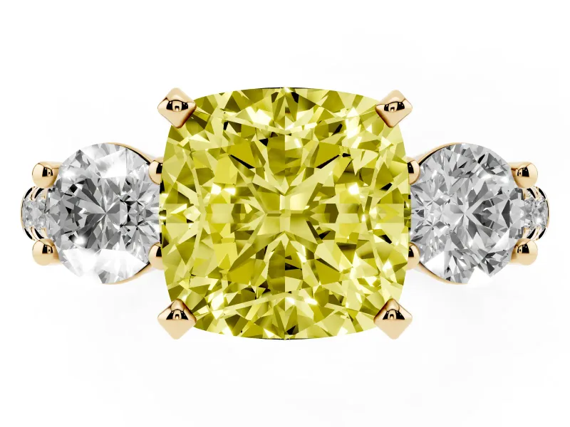Fancy Yellow Three-Stone Cushion Cut Diamond Pavé Band Ring Set in Yellow gold with Prong-Set Trio