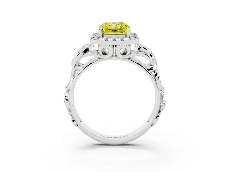 Fancy Yellow Radiant Cut Diamond Halo Ring Set in Silver with Scrollwork Band and Prong Setting