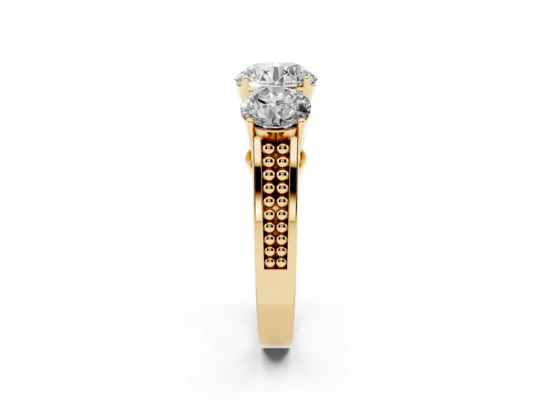 Round Three Stone Engagement Ring Setting | Beaded Shoulders | Yellow Gold