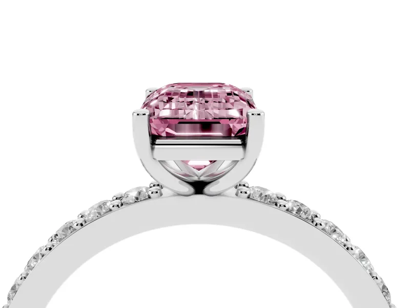 Fancy Pink Emerald Cut Diamond Solitaire Set in Platinum with Round Pavé Band and Prong Setting