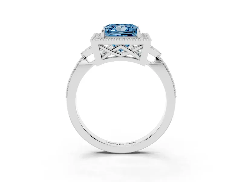 Fancy Blue Princess Cut Diamond Halo Engagement Ring Set in White gold with Milgrain Pavé Band