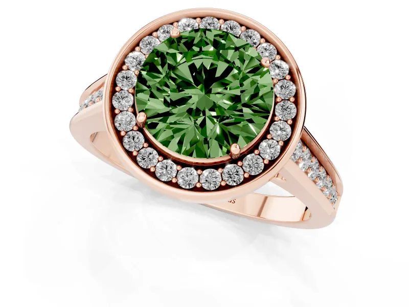 Fancy Green Round Cut Diamond Halo Solitaire Ring Set in Rose gold with Pavé Band and Bezel Setting