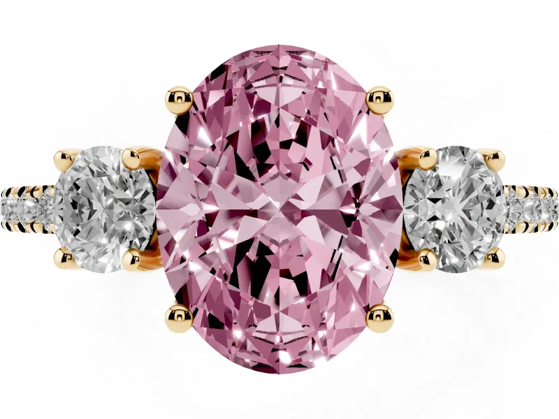 Oval Three Stone Engagement Ring Setting for a Fancy Pink Lab-Grown Diamond | Pave Shoulders | Yellow Gold