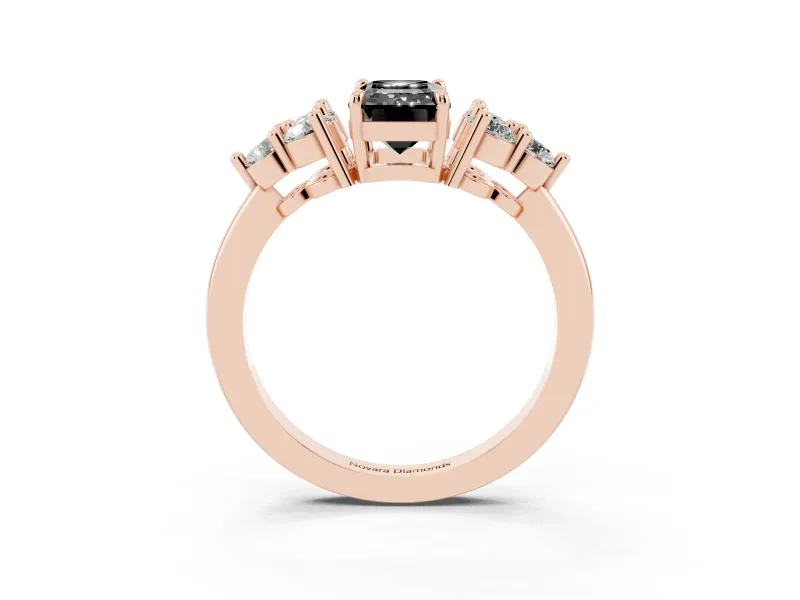 Fancy Black Emerald Cut Diamond Solitaire Ring Set in Rose gold with Cluster Accents on Each Side