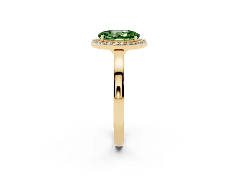 Oval Thin Halo Low Profile Engagement Ring Setting for a Fancy Green Lab-Grown Diamond | Slim Plain Band | Yellow Gold