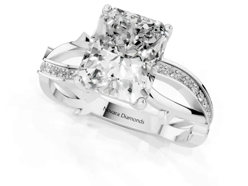 Radiant Cut Diamond Pavé Twist Band Solitaire Ring Set in Platinum with Prong Setting