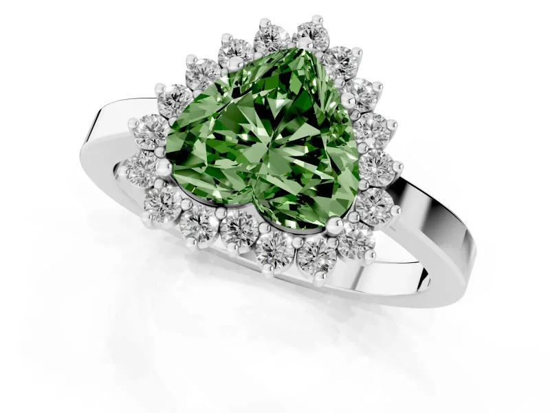 Fancy Green Heart Cut Diamond Halo Ring Set in Platinum with Round Halo and Smooth Solitaire Band